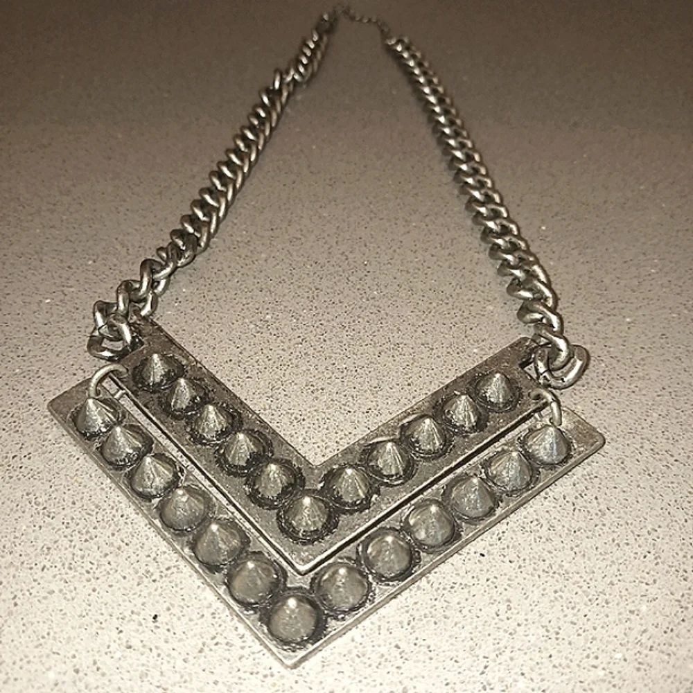 Silver Chain Necklace with Studded V Pendant
